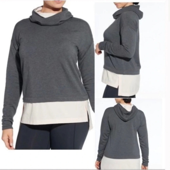 Calia Effortless Mixed Media Hoodie in Charcoal Heather Gray White Size Small - Picture 2 of 11